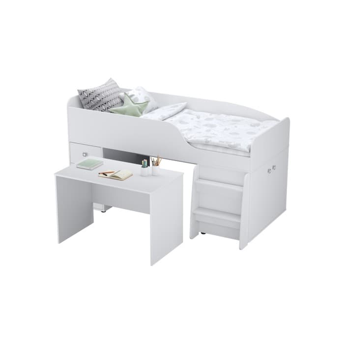 Кровать - чердак детская Polini kids Simple 4500, с рабочей зоной, 2038×1103×1166 мм, цвет белый