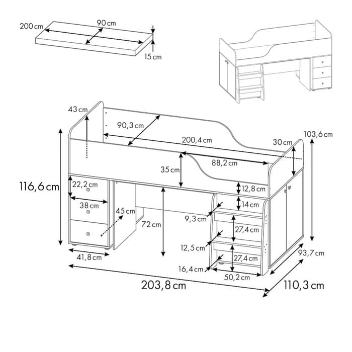 Кровать - чердак детская Polini kids Simple 4500, с рабочей зоной, 2038×1103×1166 мм, цвет белый