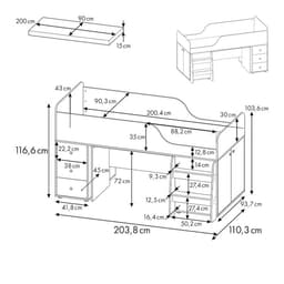 Кровать - чердак детская Polini kids Simple 4500, с рабочей зоной, 2038×1103×1166 мм, цвет белый