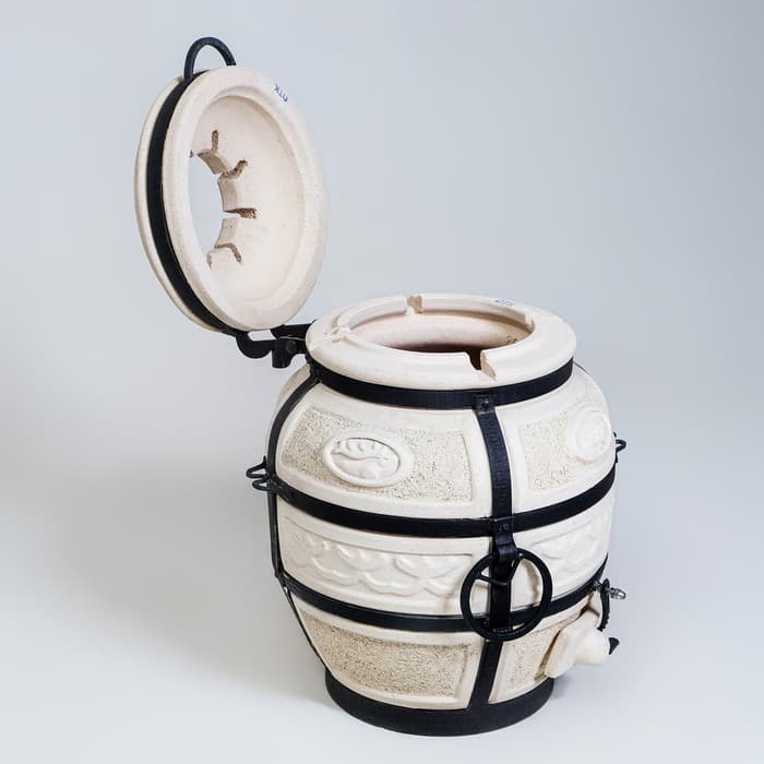 Тандыр Охотник c откидной крышкой. h=73 см, d=50 см, 82.5 кг, 8 шампуров, кочерга, совок, керамика