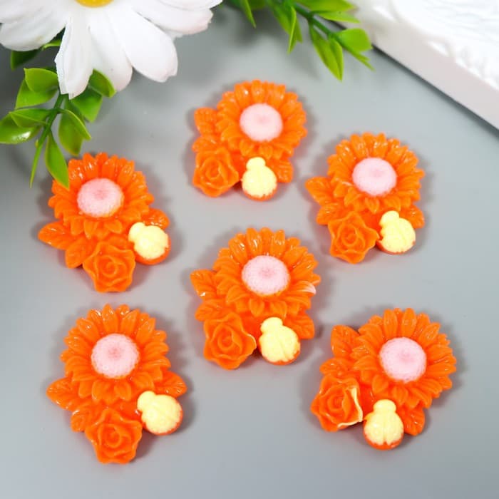 Декор для творчества пластик «Ромашка, роза и божья коровка», оранж, 3.1×3.6 см