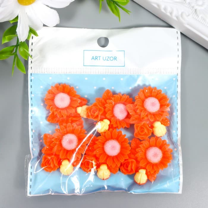 Декор для творчества пластик «Ромашка, роза и божья коровка», оранж, 3.1×3.6 см