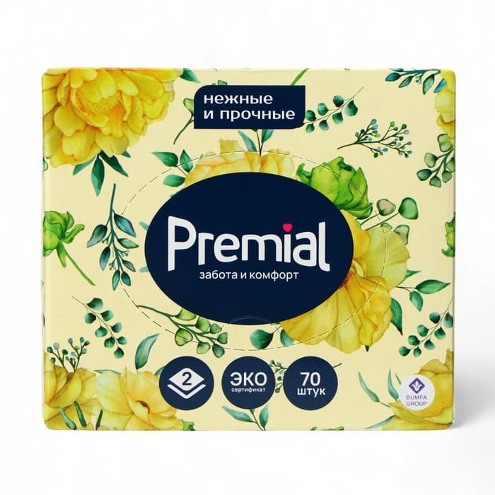 Салфетки «Premial» косметические 2-слойные в коробке Нон стоп, 70 шт. МИКС