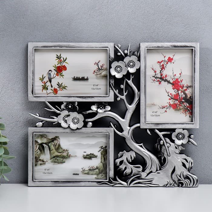 Фоторамка - коллаж на 3 фото 10×15 см «Вишнёвый сад», т. Серебро, 32×27 см