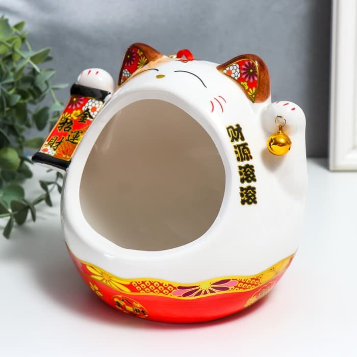 Подставка для мелочей «Манэки-нэко со свитком и колокольчиком», керамика, 21×16×20 см, МИКС