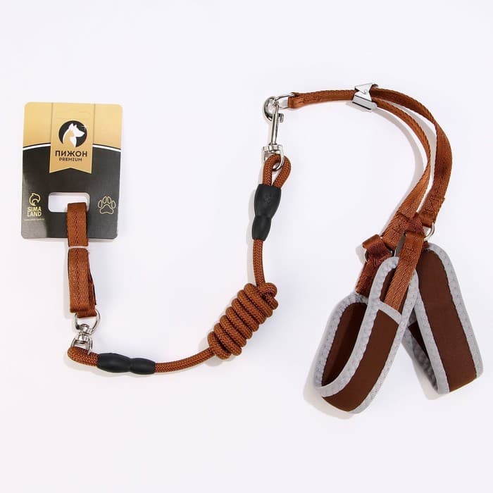Шлейка с поводком, размер M, ОШ 32-72 см, ОГ 32-72 см, поводок 120×1.5 см, мягкая, с вертлюгом, коричневая