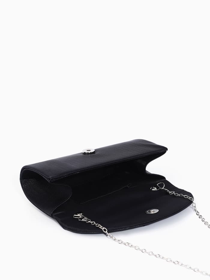 Сумка-клатч вечерняя на магните, на серебристой цепочке, чёрная