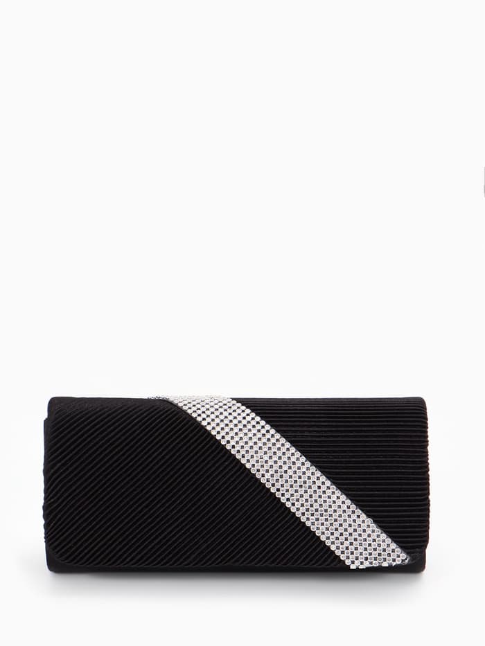 Сумка-клатч вечерняя на магните, на длинной цепочке, с серебристой вставкой, чёрная