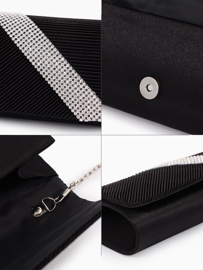 Сумка-клатч вечерняя на магните, на длинной цепочке, с серебристой вставкой, чёрная