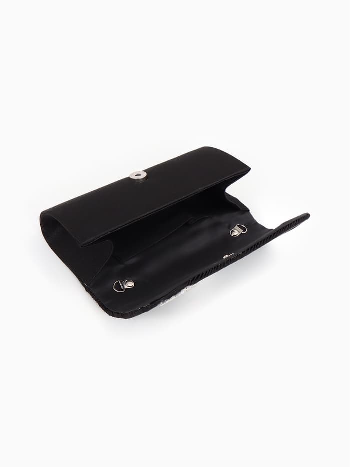 Сумка-клатч вечерняя на магните, на длинной цепочке, с серебристой вставкой, чёрная