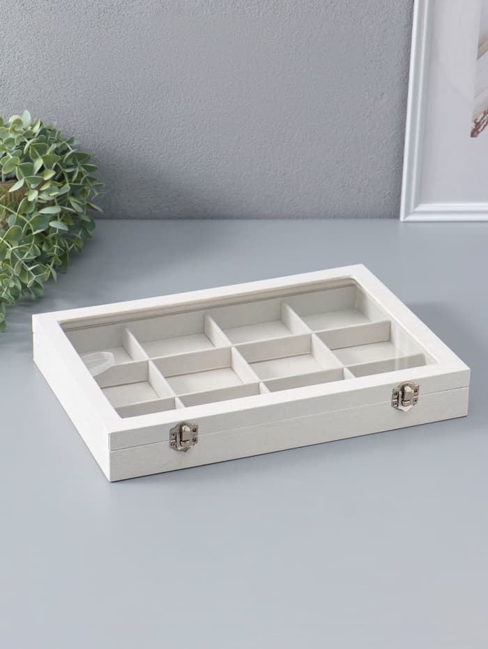 Шкатулка для украшений 12 ячеек, 35×24×4.5, стеклянная крышка, бежевая