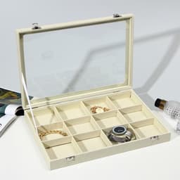 Шкатулка для украшений 12 ячеек, 35×24×4.5, стеклянная крышка, бежевая