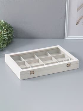 Шкатулка для украшений 12 ячеек, 35×24×4.5, стеклянная крышка, бежевая