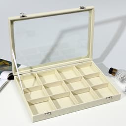 Шкатулка для украшений 12 ячеек, 35×24×4.5, стеклянная крышка, бежевая