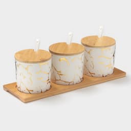 Банки с ложками на деревянной подставке «Эстет. Gold», набор 3 шт.: 300 мл, керамика, белые