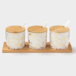 Банки с ложками на деревянной подставке «Эстет. Gold», набор 3 шт.: 300 мл, керамика, белые