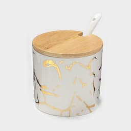 Банки с ложками на деревянной подставке «Эстет. Gold», набор 3 шт.: 300 мл, керамика, белые