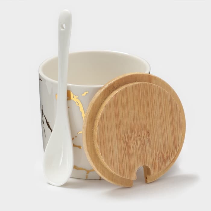 Банки с ложками на деревянной подставке «Эстет. Gold», набор 3 шт.: 300 мл, керамика, белые