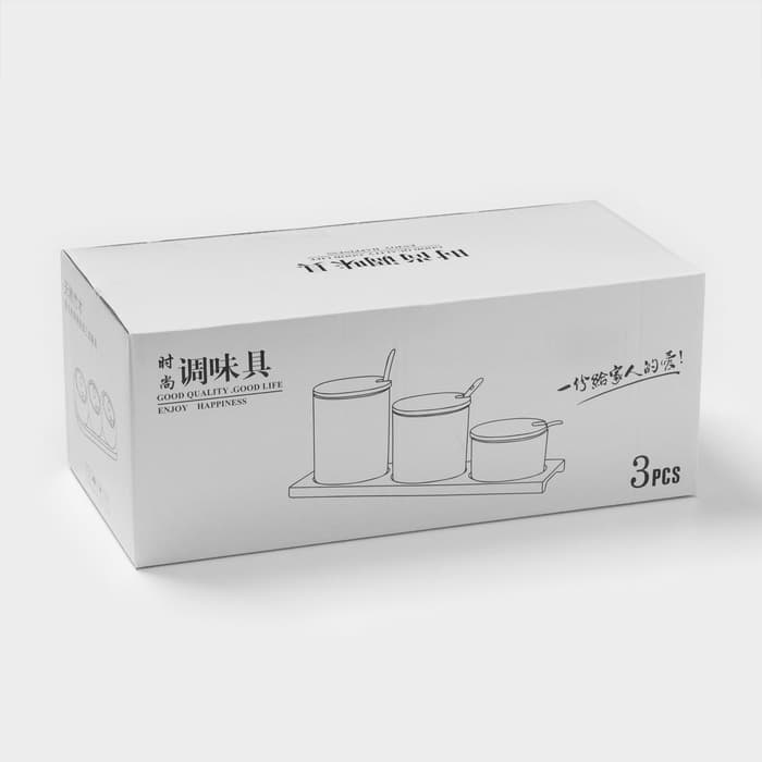 Банки с ложками на деревянной подставке «Эстет. Gold», набор 3 шт.: 300 мл, керамика, белые