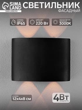 Светильник фасадный «Полусфера», 4 Вт, 3000К, 2 луча, IP65, 220 В, металлический корпус, чёрный, свечение тёплое белое
