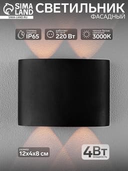 Светильник фасадный «Полусфера», 4 Вт, 3000К, 2 луча, IP65, 220 В, металлический корпус, чёрный, свечение тёплое белое