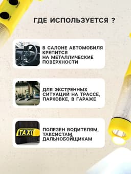 Аварийный молоток для стёкол, на магните, фонарик, нож для ремня безопасности