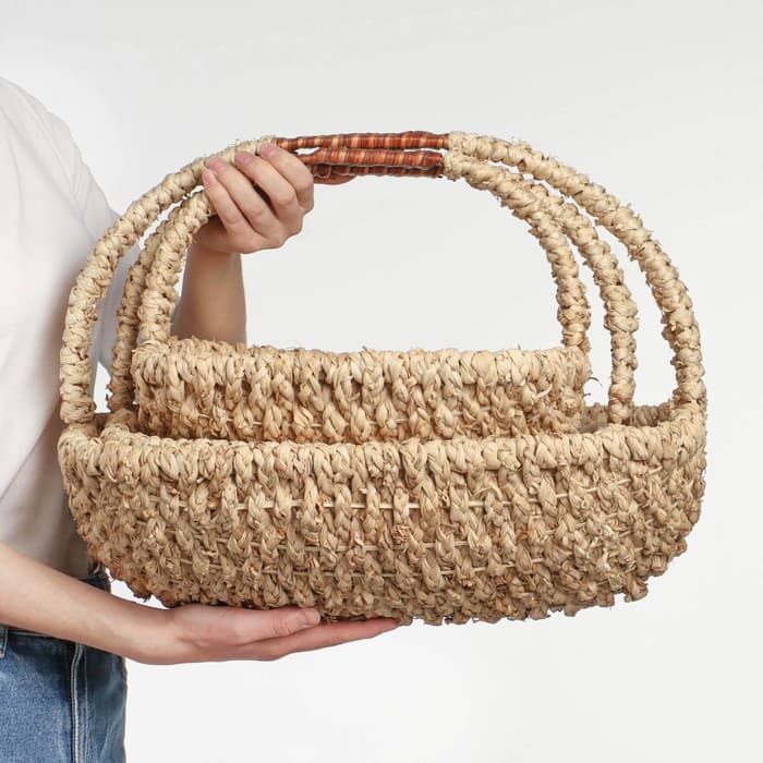 Корзина плетёная для хранения, бамбук, овальная, бежевая, набор 3 шт.