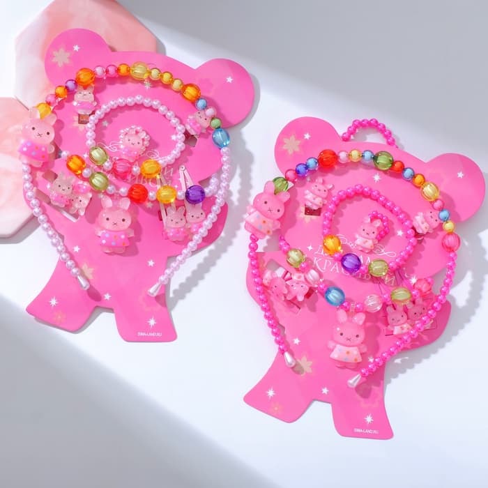 Набор детских украшений Выбражулька «Зайчики», 9 предметов: ободок, 2 резинки, 2 заколки, клипсы, кулон, браслет, кольцо, МИКС