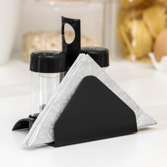 Набор для специй пластиковый BEROSSI «Рондо. Презент», 3 шт., на подставке с салфетницей, чёрный