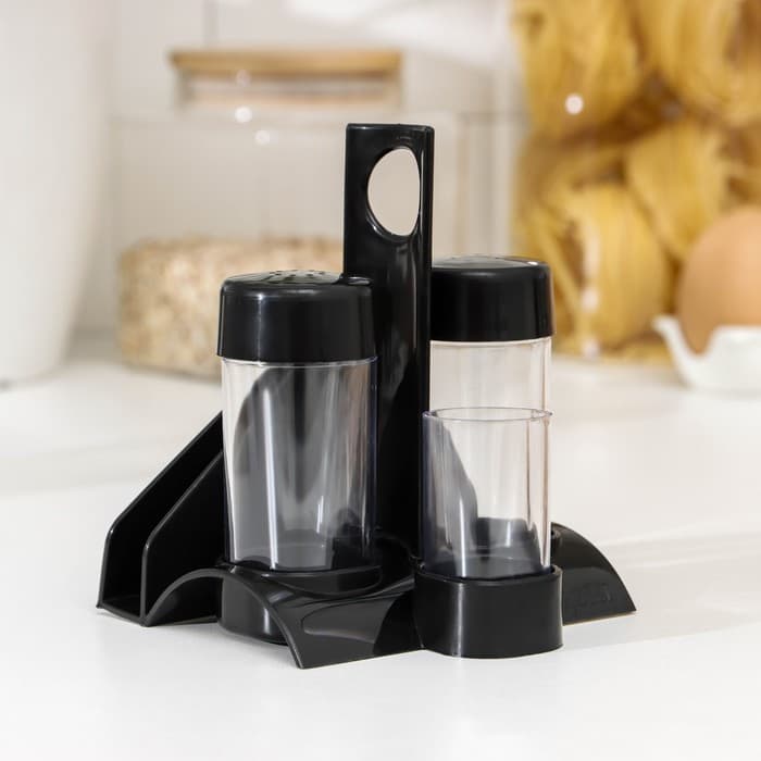 Набор для специй пластиковый BEROSSI «Рондо. Презент», 3 шт., на подставке с салфетницей, чёрный