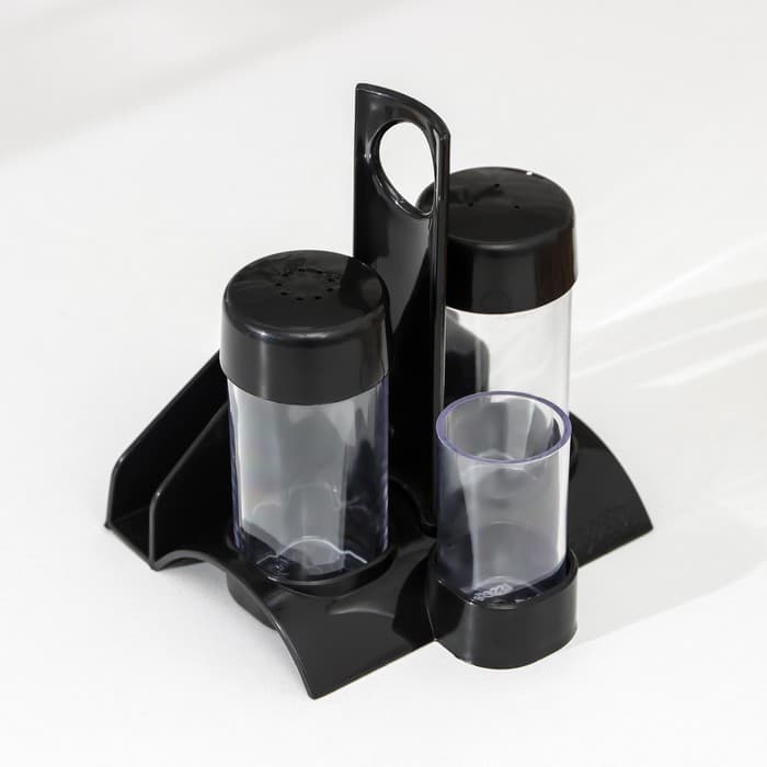 Набор для специй пластиковый BEROSSI «Рондо. Презент», 3 шт., на подставке с салфетницей, чёрный