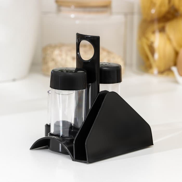 Набор для специй пластиковый BEROSSI «Рондо. Презент», 3 шт., на подставке с салфетницей, чёрный