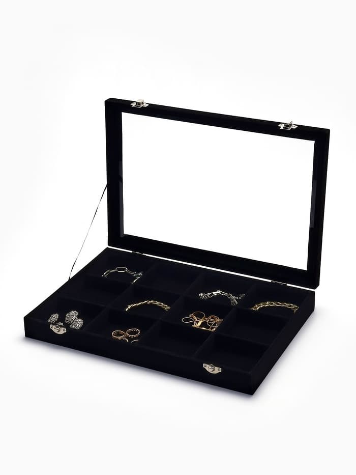 Шкатулка для украшений 12 ячеек, стеклянная крышка, 35×24×4.5 см, чёрная