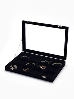 Шкатулка для украшений 12 ячеек, стеклянная крышка, 35×24×4.5 см, чёрная