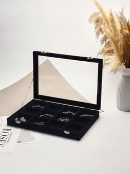 Шкатулка для украшений 12 ячеек, стеклянная крышка, 35×24×4.5 см, чёрная