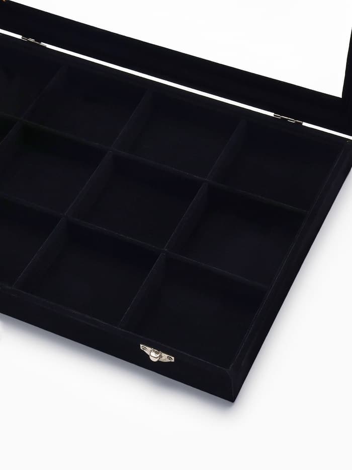 Шкатулка для украшений 12 ячеек, стеклянная крышка, 35×24×4.5 см, чёрная