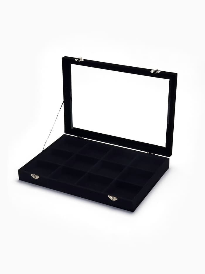 Шкатулка для украшений 12 ячеек, стеклянная крышка, 35×24×4.5 см, чёрная