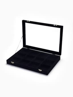 Шкатулка для украшений 12 ячеек, стеклянная крышка, 35×24×4.5 см, чёрная