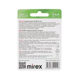 Аккумулятор Mirex, Ni-Mh, AAA, HR03-2BL, 1.2 В, 1000 мАч, блистер, 2 шт.
