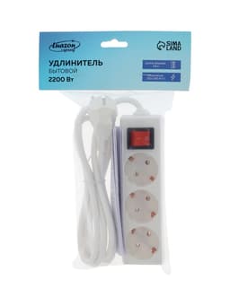 Удлинитель сетевой Luazon Lighting, 3 розетки, 1.8 м, 10 А, 2200 Вт, заземление, выключатель, белый