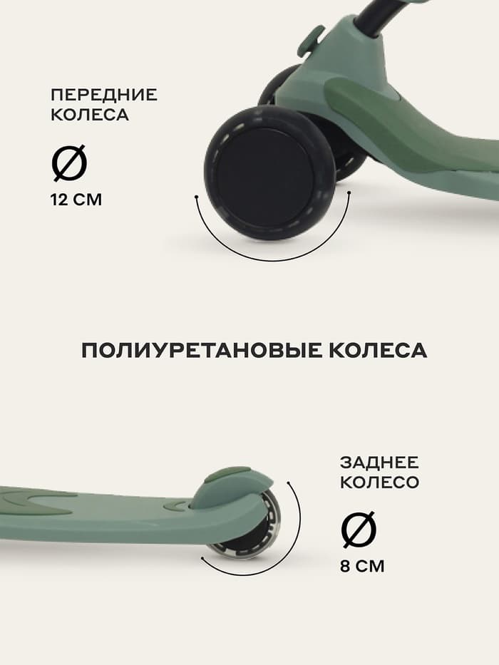 Беговел - самокат детский трехколесный RB100 Rider Plus, трансформер 3 в 1, колёса PU 120, 80 мм, зелёный