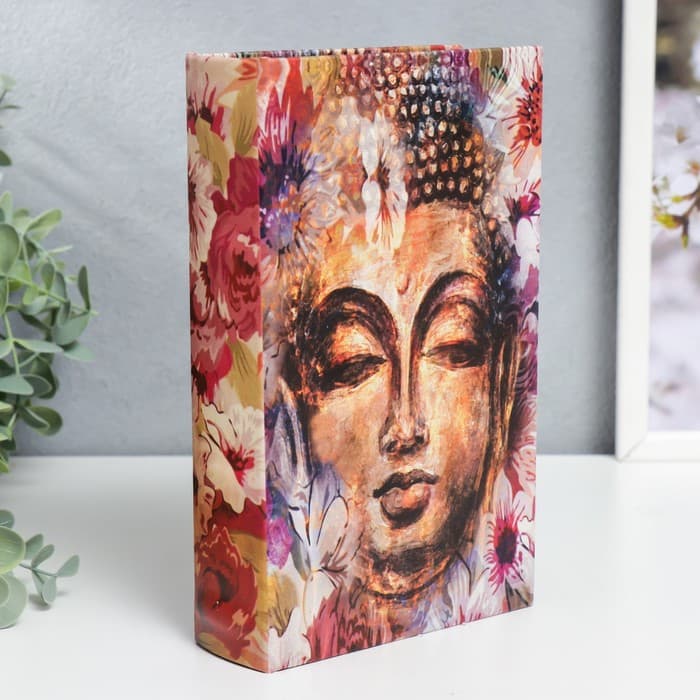 Шкатулка книга - сейф «Голова Будды в цветах», дерево, искусственная кожа, 21×13×5 см