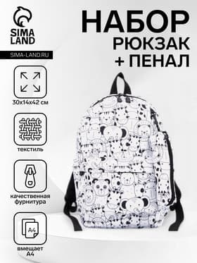 Рюкзак школьный, с пеналом, 30×14×42 см, белый