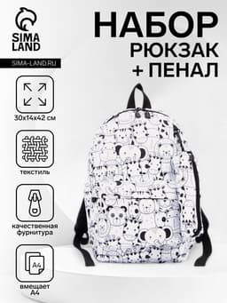 Рюкзак школьный, с пеналом, 30×14×42 см, белый