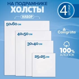 Набор холстов на подрамнике, 4 штуки, хлопок 100%, размер (25×25, 30×40, 40×50, 50×60 см), акриловый грунт, мелкозернистый, 280 г/м²