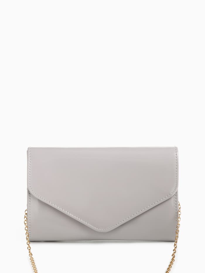 Сумка-клатч женская вечерняя на магните, на длинной цепочке, лаковая, однотонная, серая