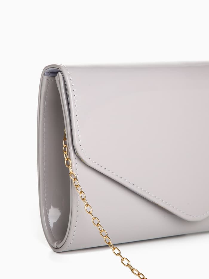 Сумка-клатч женская вечерняя на магните, на длинной цепочке, лаковая, однотонная, серая