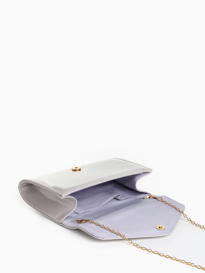 Сумка-клатч женская вечерняя на магните, на длинной цепочке, лаковая, однотонная, серая