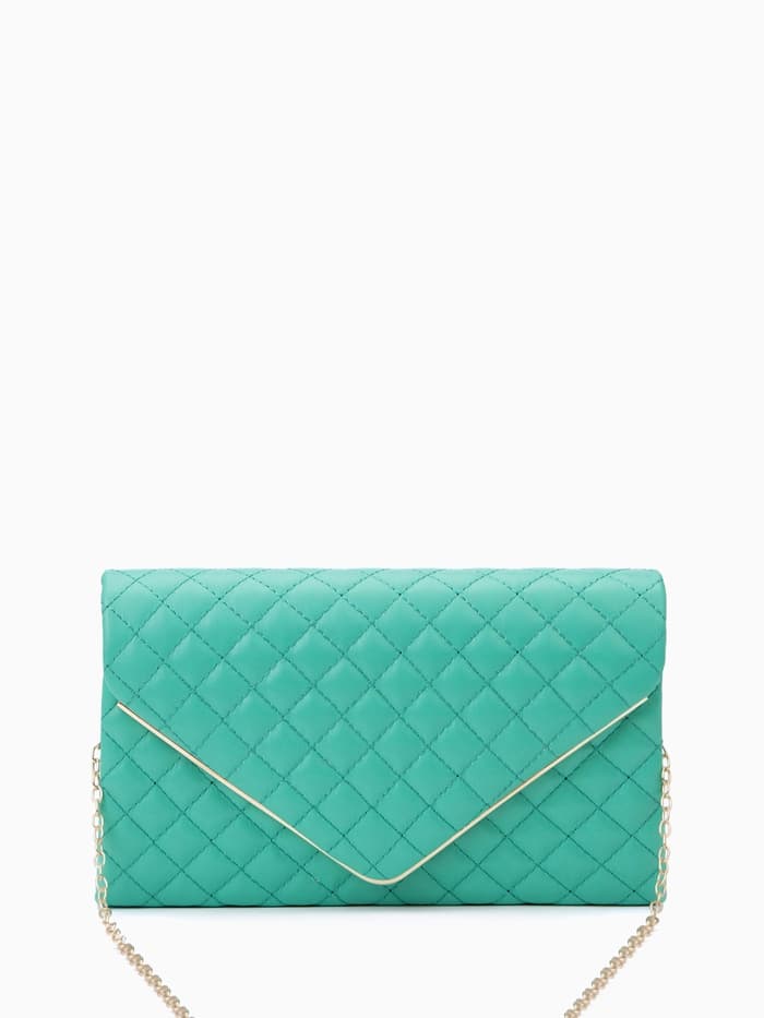 Сумка-клатч женская на магните, на длинной цепочке, со стёжкой, зелёная