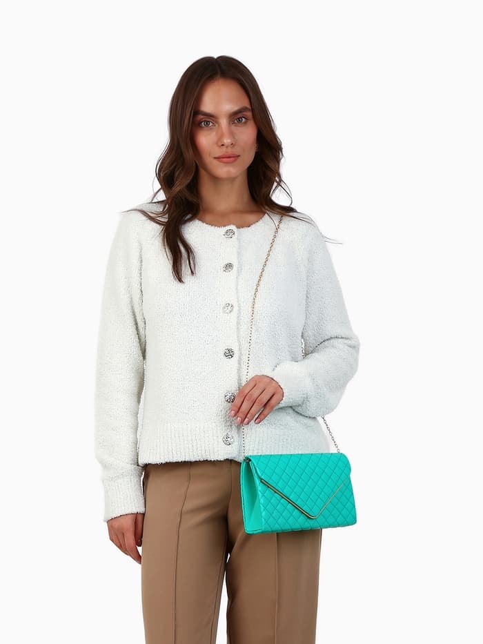 Сумка-клатч женская на магните, на длинной цепочке, со стёжкой, зелёная